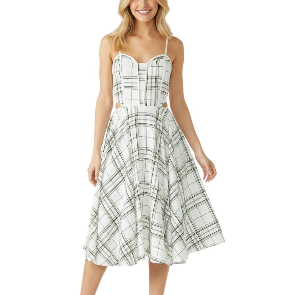 J.O.A. White Green Checked Cut Out Sweetheart Neck Midi Dress Women’s Size M